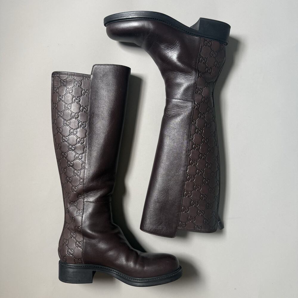Gucci Women’s Brown Leather Boot Size 36 GG monogram Embossed Riding Boots Fall